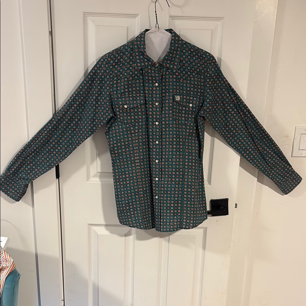 Cinch Women's Teal and Orange Patterned Pearl Snap Shirt